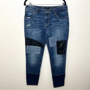 Karen Millen Patchwork Faux Leather Medium Wash Mid Rise Blue Jeans Size 10
